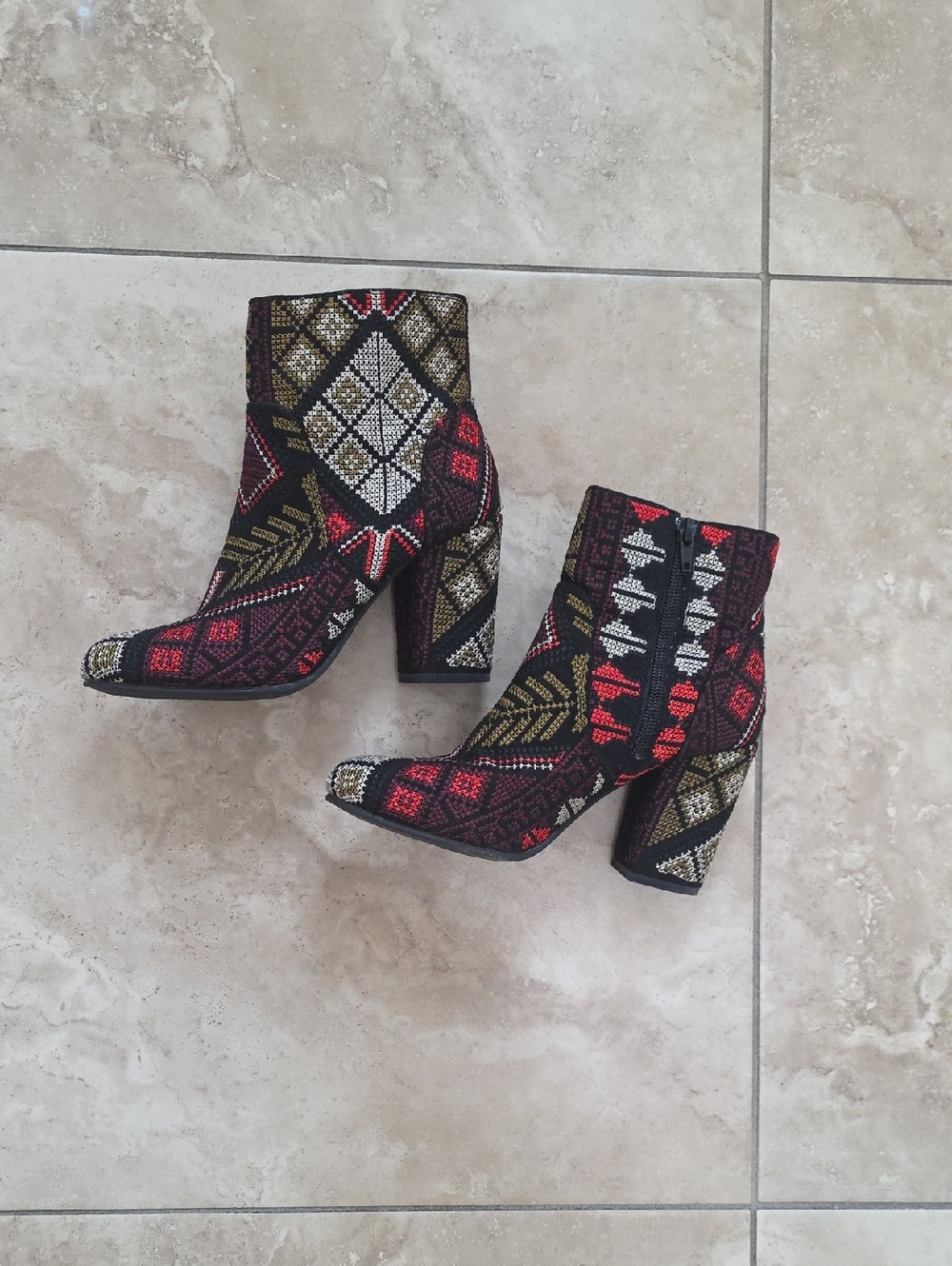 Embroidered Geometric Ankle Boots - Red & Black